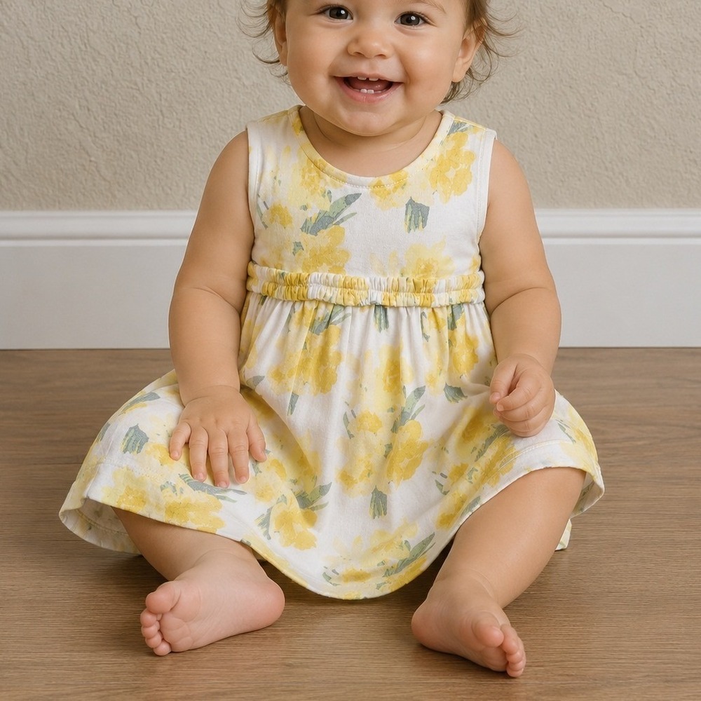 Kate Quinn Watercolor Daffodil Sleeveless Rainbow Dress Yellow Bamboo 6-12M NEW